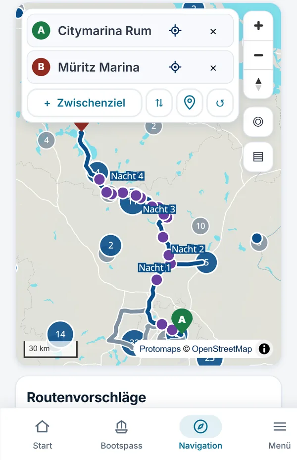 BootsNavi.de-App auf dem Handy: dieselbe Route auf der Karte