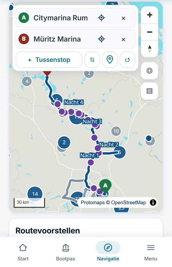BootsNavi.de-app op de telefoon: dezelfde route op de kaart