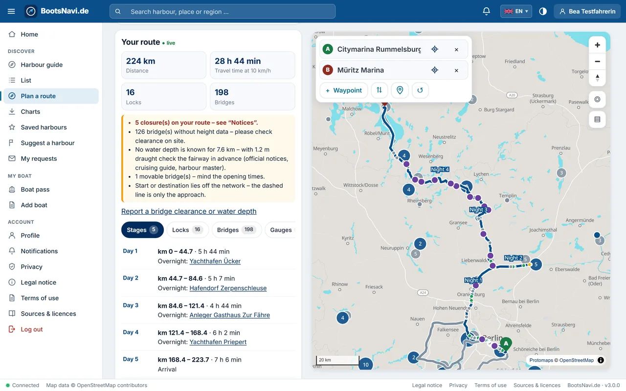 BootsNavi.de app on a computer: planned route from Berlin to Lake Müritz – 224 km, 16 locks and five daily stages