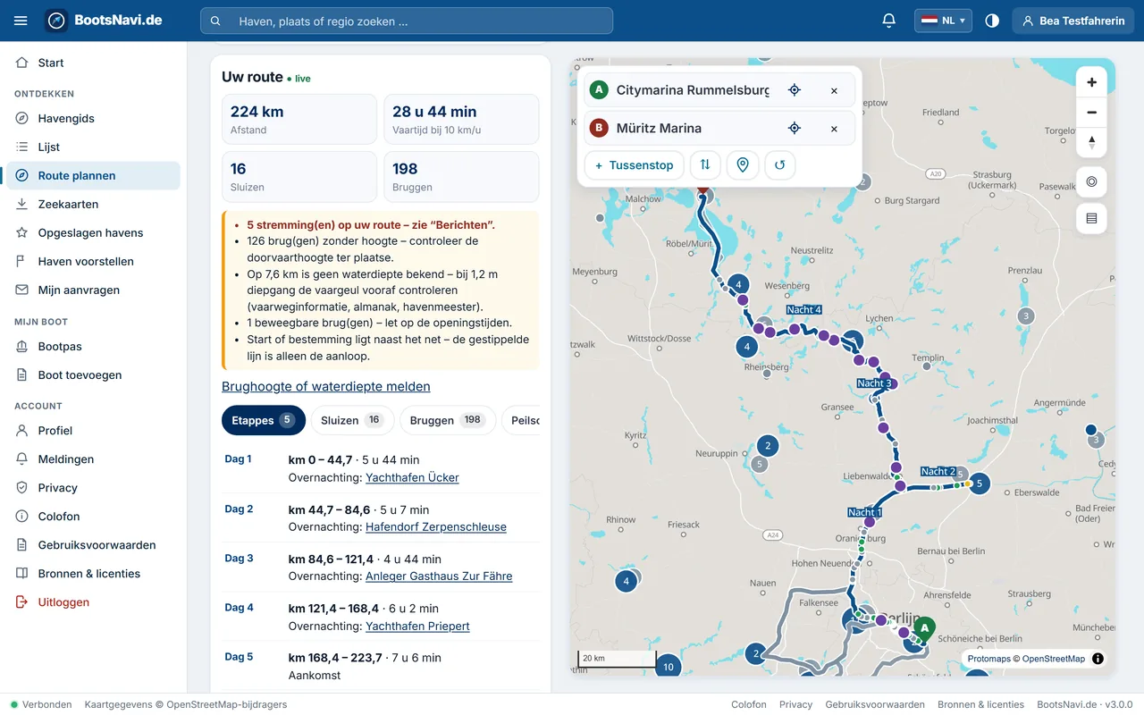 BootsNavi.de-app op de computer: geplande route van Berlijn naar de Müritz – 224 km, 16 sluizen en vijf dagetappes